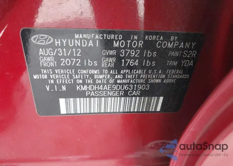 2013 Hyundai Elantra Gls z USA, uszkodzony, nr VIN KMHDH4AE9DU631903